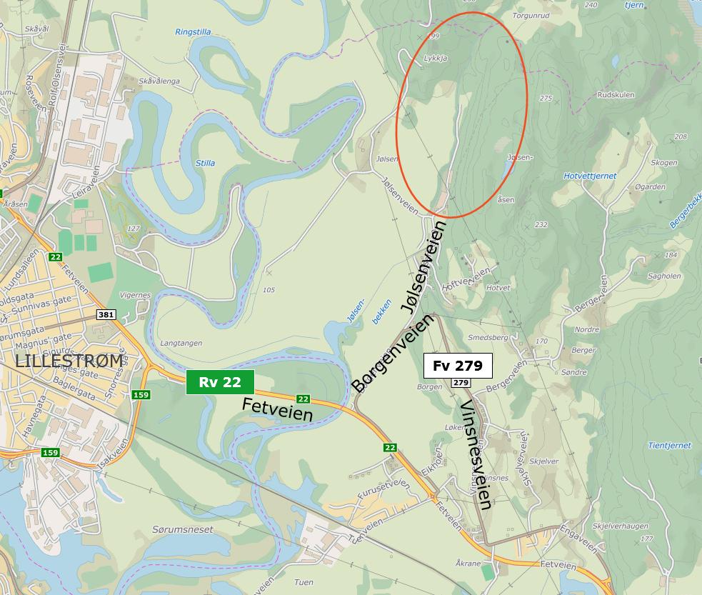 TRAFIKKANALYSE JØLSEN MILJØPARK 5 2.2 Veinett og trafikkmengder Planområdet har adkomst via Rv 22 Fetveien, Fv 279 Borgenveien og videre inn i Jølsenveien.