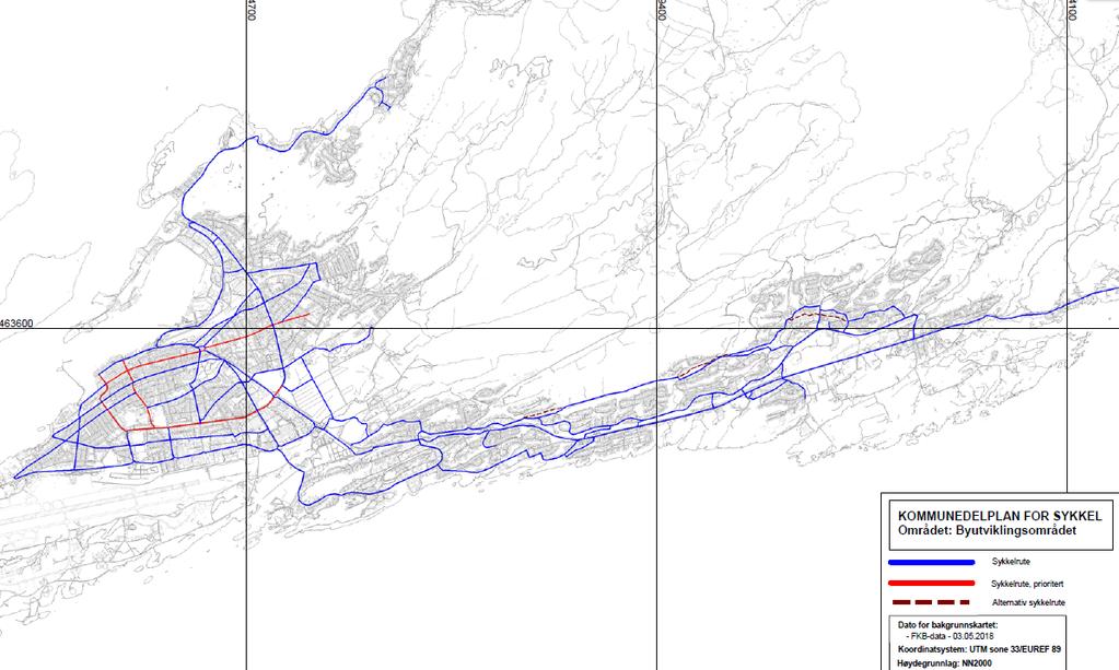 Sammenhengende sykkelveinett Sentrumsdelen som er vedtatt med fire prioriterte ruter er tatt inn i planforslaget. Kartet viser sykkelrutenettet i byutviklingsområdet. Se vedlegg.