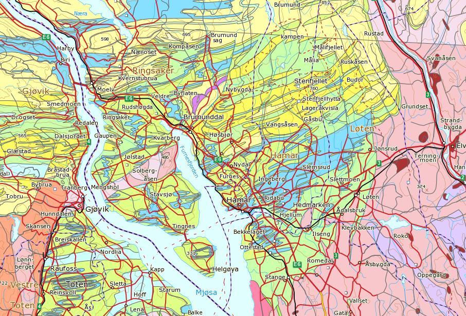 Figur 1. Berggrunnsgeologisk kart over Hedmarken Geologisk kart som viser kambro-silur bergartene (grønn, gul og blå farge) som inneholder sekvenser med svartskifer (i hovedsak i de grønne enhetene).