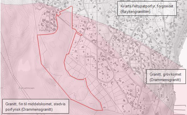 2 Berggrunn og løsmasser Berggrunnen i planområdet består hovedsakelig av fin til middelskornet drammensgranitt, stedvis porfyrisk (Figur 5).