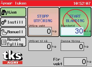 Under tastene viser et felt med nedtelling av blandetid. Denne kan endres om ønskelig. START UTFÔRING - tasten er blokkert, men antall Kg til utfôring kan endres.