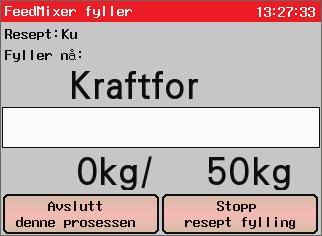 Resept fylling pågår Vindu viser pågående fylling av resept. Øverst viser aktuell resept. Statusindikatoren viser i prosent hvor mye av fôrkomponenten som er fylt.