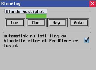 Man kan velge å begynne blandingen på ny. Angitt blandetid begynner da å løpe på nytt. Et lydvarsel gis. Aktiver / deaktiver - automatisk nullstilling av blandetid etter at FeedMixer er lastet. 3.