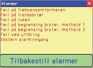 3.4 Alarmer Når en alarm utløses stopper FeedMixer. Skjermen viser alarm vinduet og hvilken alarm som er utløst.