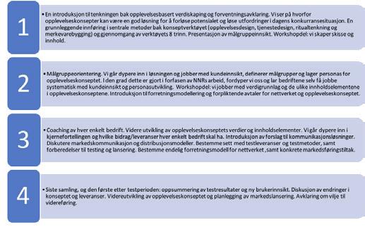 I hovedfasen ble det gjennomført 4 samlinger i hvert pilotprosjekt. Mellom samlingene har det vært lagt opp til individuelt arbeid i bedriftene.