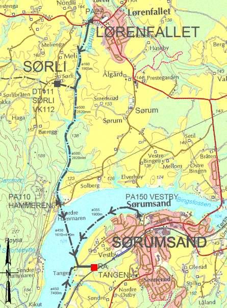 Fra Lørenfallet til Sørli: Pumpeledning Ø160mm L=1900m Fra trykktank Sørli-RA Tangen: Dykkerledning Ø450/500mm L=4800m Boring under elva 1600m.