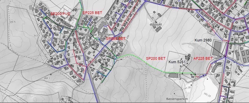 Figur 3: Oversikt nærliggende spillvannsystem til Åskollvegen, eksisterende situasjon Gjøvik kommune meddeler at fellesledningen fra kum 5261 til 2980 (ca.