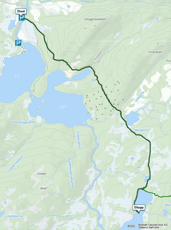 Post nr. 13: Fiskelausvatnet 485 moh Kartblad 1925 III Trofors Enkel Kjør E6 til Grane. Ta av i krysset ved Grane kirke og følg veien til Gluggvatnet via Haustreisdal.