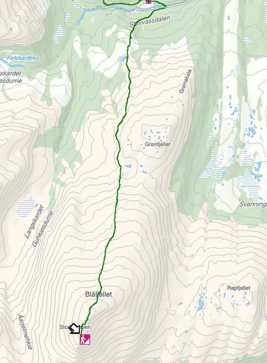 Post nr. 3: Storklumpen/Blåfjellet 1293 moh Kartblad: 1923 IV Svenningdal Meget krevende Kjør Vestersivegen fra Coop Grane til merket avkjørsel til Stavvatnet/Stavassdalen.