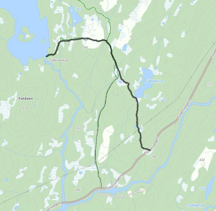 Post nr. 4: Gåsvatnet 323 moh Kartblad: 1925 IV Svenningdal Middels Kjør E6 til Tosenkrysset og ta av mot Brønnøysund. Kjør ca.