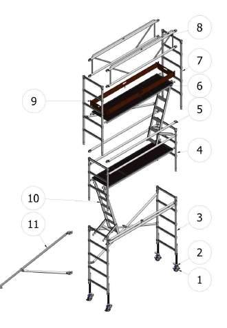 UTVIDET DIAGRAM Span 400 - ENKEL BREDDE 01. Hjul 06. Plattform med luke 11. Støtteben 02. Benjustering 07.