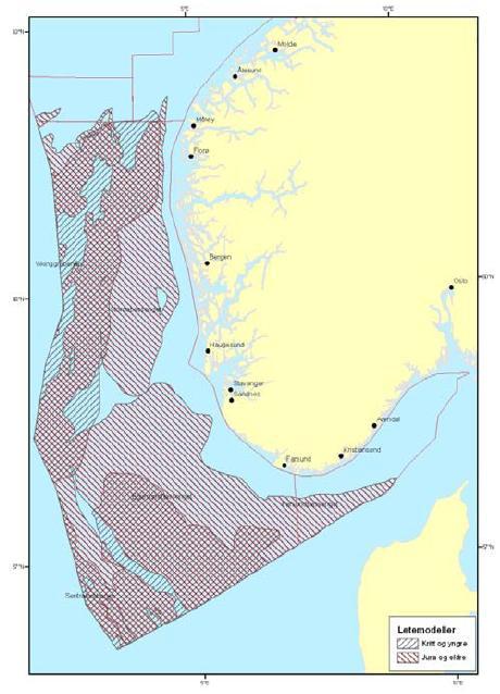 Figur 8 Geografisk utstrekning for ODs letemodeller i Nordsjøen (OD, 2010a). Letemodellene gir et bilde på hvilke arealer som er eller kan være viktige for petroleumsvirksomheten i fremtiden.