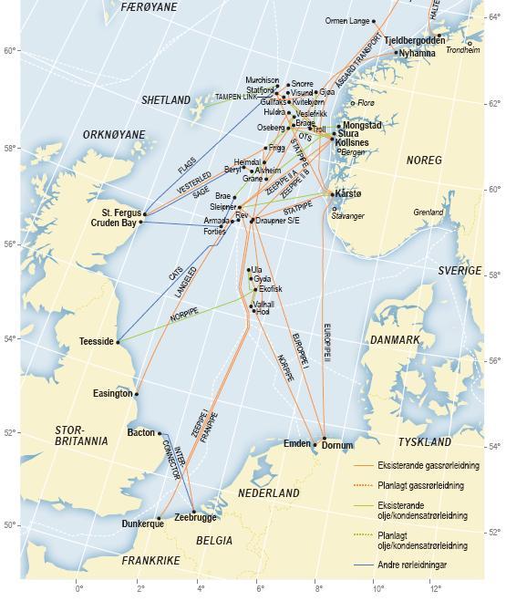 A.4 Rørledninger i Nordsjøen I Figur 27 vises en oversikt over store rørledninger i Nordsjøen, mens i Tabell 46 presenteres oljerørledningene i Nordsjøen.