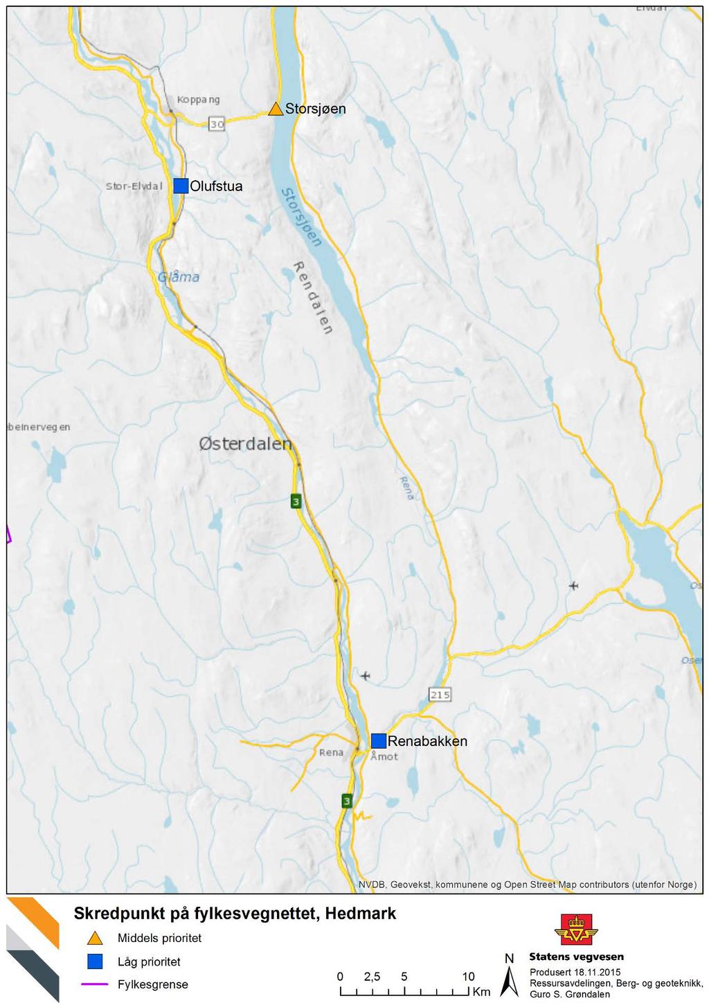 Figur 4. Skredpunkt på fylkesvegar i Hedmark.