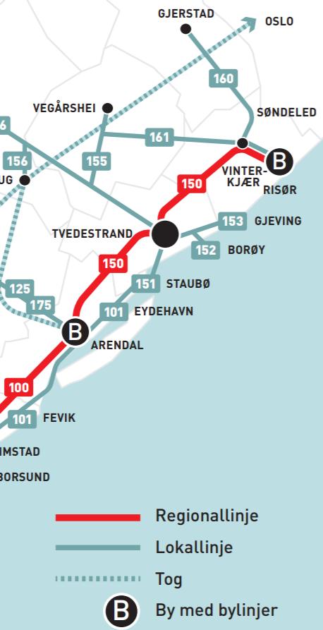 Beskrivelse av dagens tilbud Linje 150 er hovedlinjen Risør Tvedestrand - Arendal Inntil 17 avganger pr dag mellom Tvedestrand og Arendal. Avgangstider ca hver time på faste minuttall.