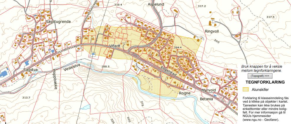 Like sør for planområdet er det på det geologiske kartet markert kambriske sandstein og skifer, lokalt alunskifer, (grønn på kartet i Figur 3).