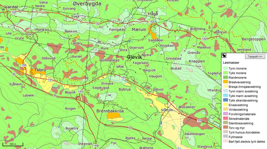 3.2 Løsmasser NOTAT Løsmassene i området er i hovedsak tykk morene, Figur 5 (grønn på løsmassekartet).