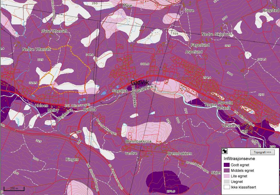 Massene er klassifisert som middels gode mht infiltrasjon, Figur 6. Lokalt er det mere organiske løsmasser som torv og myr (brunt på kartet).