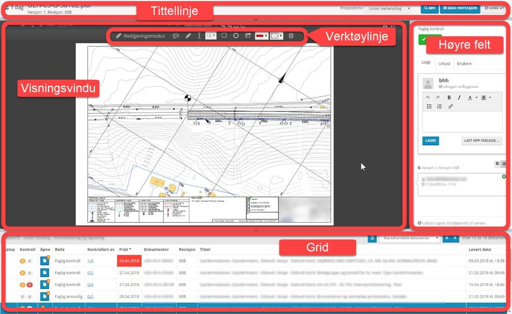 BIM2Share Kommentering & Signering med roller: Brukerveiledning side 5/21 1.2 Modulens oppsett Modulen består av tittellinje, grid, høyre felt og visningsvindu som også har verktøylinje.