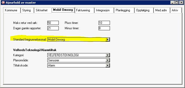 1.2 Oppsett av Mobil Omsorg i master Du finner bildet for oppsett av Mobil Omsorg når du velger: Ajourhold -> System -> Master/ arkfane Mobil Omsorg Feltene merket med gult må oppdateres.