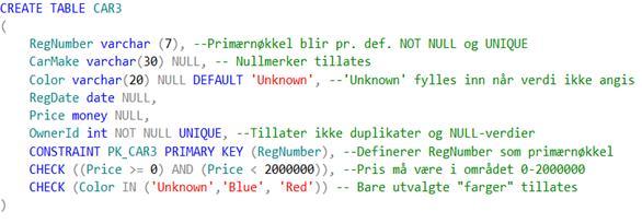 DEFAULT: Dersom det for en rad ikke fylles ut en verdi i en kolonne som er definert med en DEFAULT-verdi, fylles isteden automatisk inn den definerte DEFAULT-verdien.