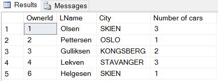 I tillegg vet vi at hver bileier har et unikt OwnerId, ett etternavn (LName) og én postadresse (City).