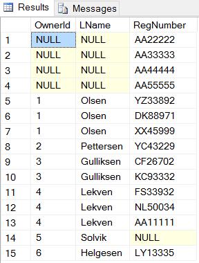 En slik spørring er vist i Figur 8-27. Figur 8-27: FULL OUTER JOIN som returnerer alle biler og eiere, uavhengig om match eller ikke.