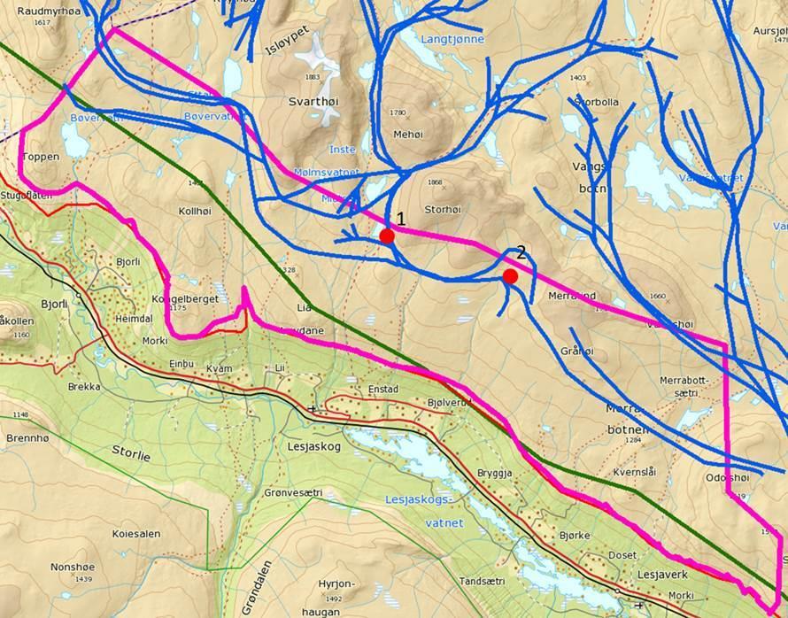 Figur 1: Trekkveier for villrein i blått, Lesjaskog heimrast sitt område i rosa, røde prikker er tenkte bulokaliteter Sekretærens forslag til vedtak Snøhetta villreinutvalg er ikke negativ til at