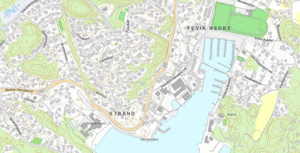1.3 Beskrivelse av planområdet, dagens situasjon Planområdet ligger sentralt på Fevik i sjøkanten ved Fevikkilen, rett øst for Sandodden. Fig. 2. Planområdet grovt markert med rød ring. https://kart.