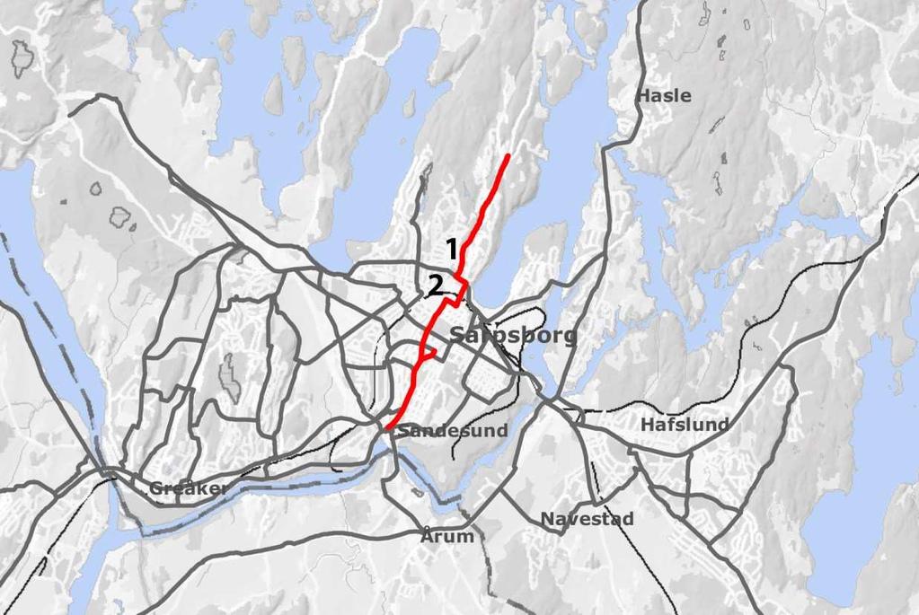 Rute 16 Sandesund - Maugesten 1 Kurlandveien Bryggeriveien. Høringsutkastet legger til grunn en oppgradering fra gangog sykkelvei til sykkelvei med fortau.