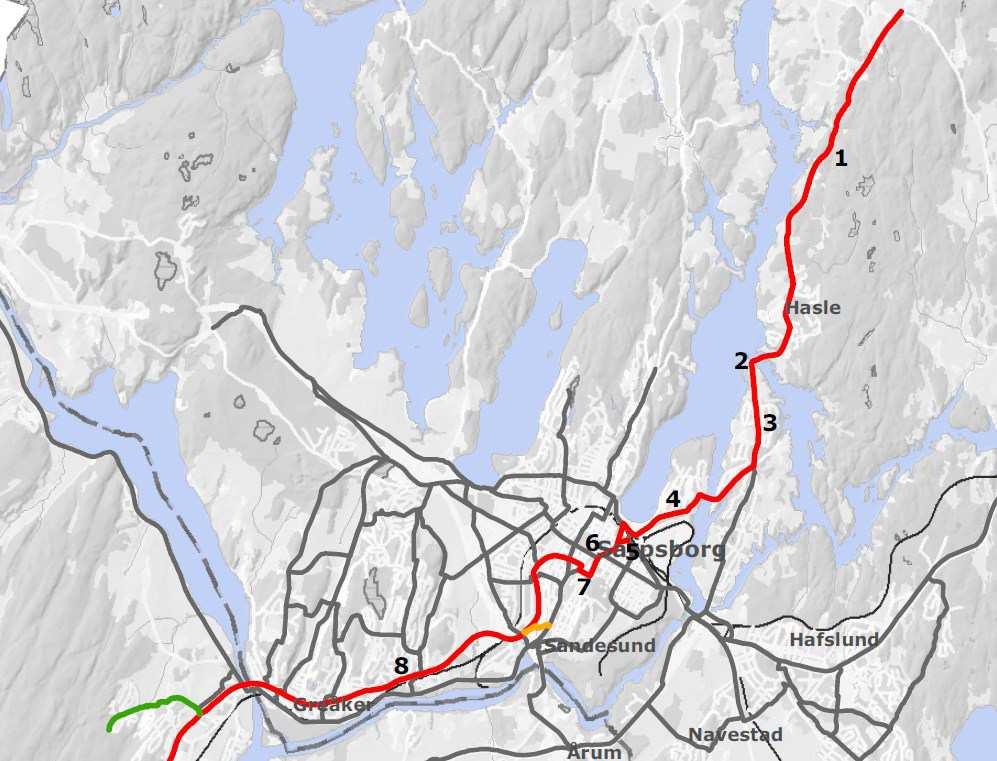 Rute 9 Varteig - Hvalergrensa 1- Mellom Varteig kirke og Hasle. I høringsutkastet er det lagt til grunn en framtidig løsning med utvidet skulder.