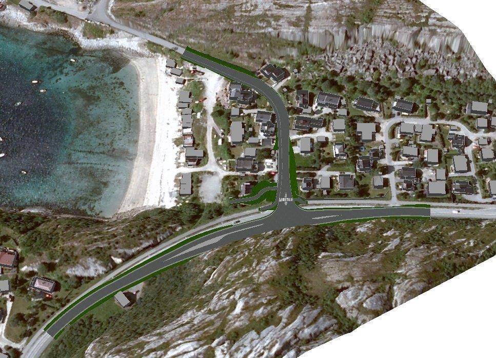 Fig. 14 Illustrasjon Fortauet er på vestsiden, og det er vist en gangveg over Kvalviveien 1 (eid av Bodø kommune) til løkka og strandområdet. Den er bratt, med stigningsforhold ca.