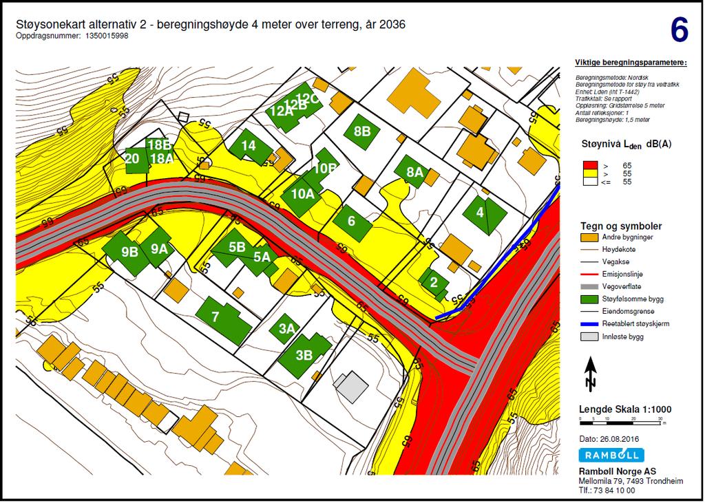 Fig. 19 Støysonekart 1,5 meter over terreng, alt. 2 (uteplass) Det er utført beregning av kostnader for støyskjermingstiltak, og disse er tatt med i kostnadsanslagene. 8.