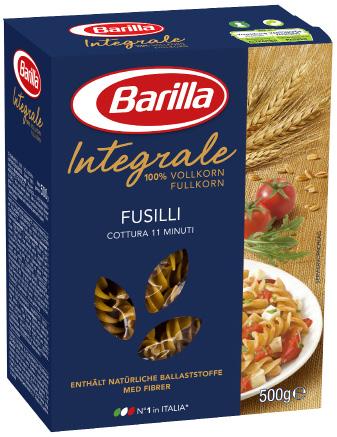no Barilla Spaghetti 100 % Fullkorn tørr vare: 350 kcal 66,7 g karbohydrat hvorav 3,5 g sukkerarter 6,5 g fiber Barilla Spaghetti er laget av 100 % fullkorns durumhvete.