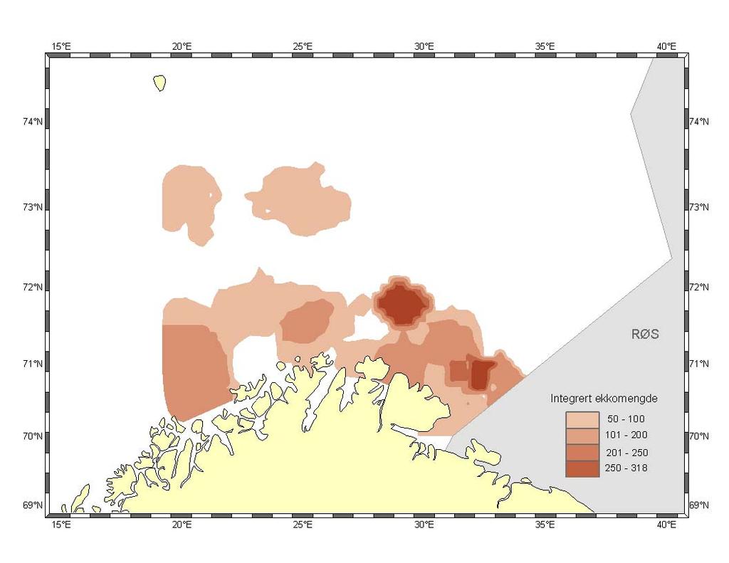 Fig 5. Utbredelse av ungsild i Barentshavet juni 2004.