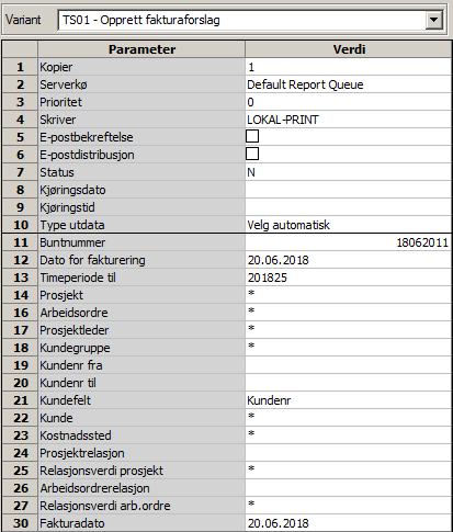 Rapporten TS01 Opprett fakturaforslag i UBW (Agresso) Desktop