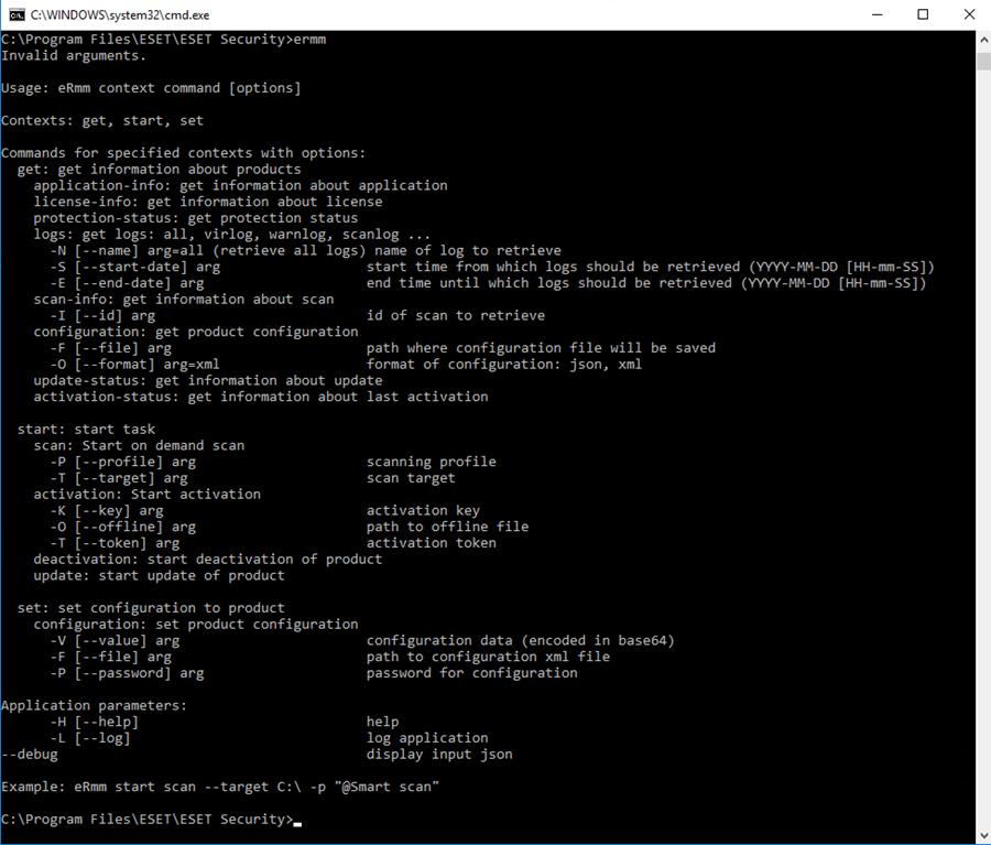 3.10.7.1 RMM-kommandolinje Remote monitoring management is run using the command line interface. The default ESET Endpoint Security installation contains the file ermm.