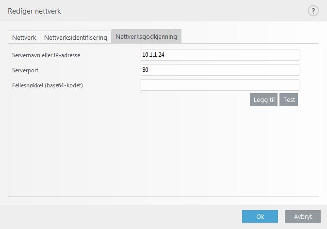 Når du vil teste innstillingene, klikker du Test. Hvis godkjenningen var vellykket, vises Servergodkj enning lyktes.