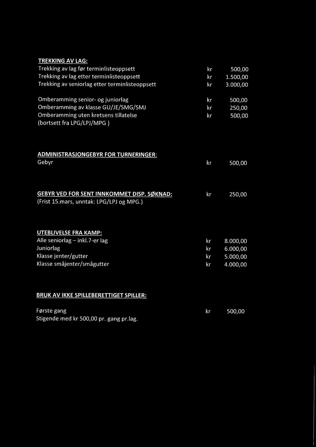 ADMINISTRASJONGEBYR FOR TURNERINGER: Gebyr kr 500,00 GEBYR VED FOR SENT INNKOMMET DISP. SØKNAD: (Frist 15.mars, unntak: LPG/LPJ og MPG.