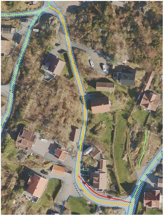 Fotogrammetrisk_FKB-Vegnett Side 17 av 17 Figur 11: Eksempelet viser geometriforbedring av en veglenke. Det faktiske avviket (mellom dagens situasjon og riktig utstrekning av veglenken) vises i rødt.