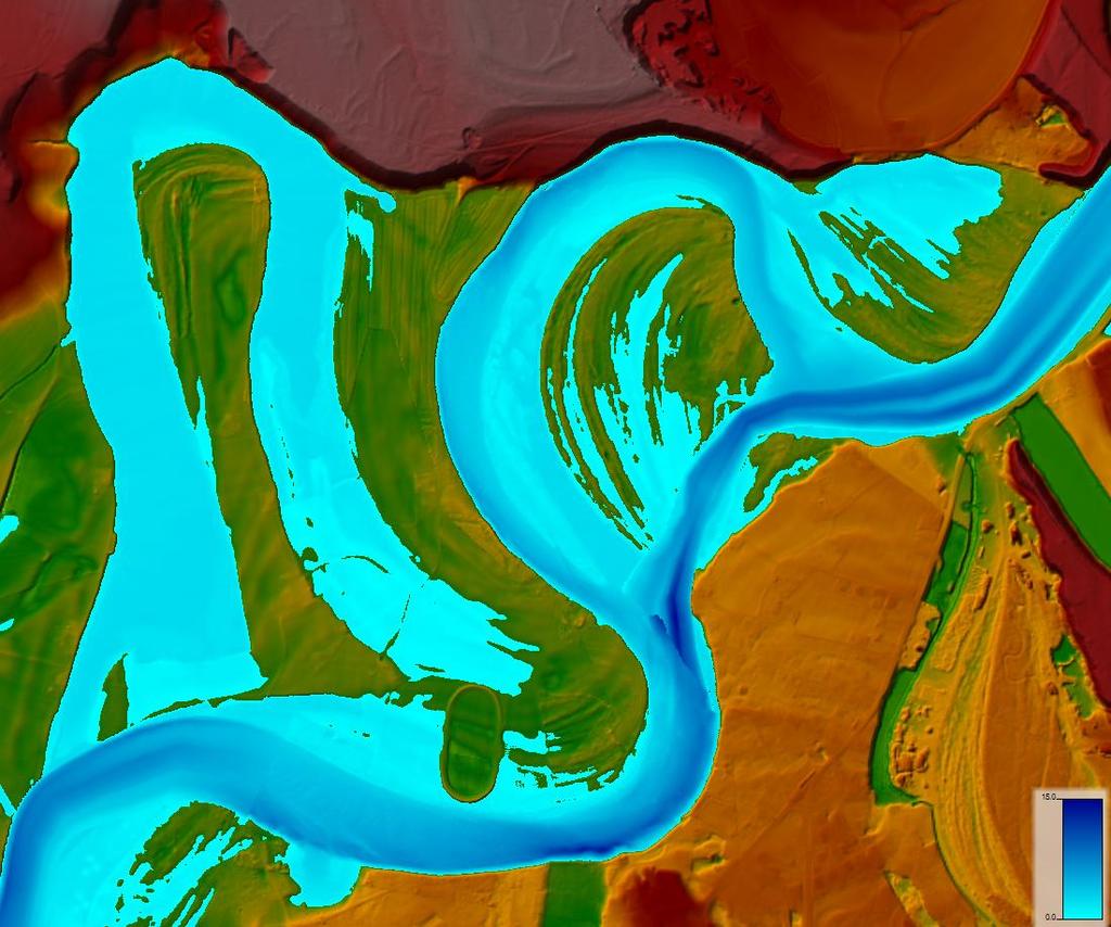 39 av 46 Figur 42 Oversvømt område ved en 5-årsflom (konstruert). Blåfargene viser vanndybde, mørkeblått dypt og lyseblått grunt. 7.