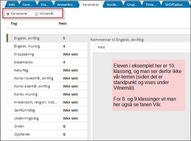 Karakterer Under fanen Karakterer kan foresatte følge de karakterene som er gitt eleven, og man kan velge mellom terminkarakterer og vitnemål.