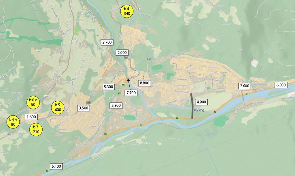 2.5 Trafikk år 2030 inkludert boligutbygginger I figur 11 er beregnet ÅDT på vegnettet i Gol vist. Dette inkluderer generell trafikkvekst og trafikkvekst fra nye boliger.