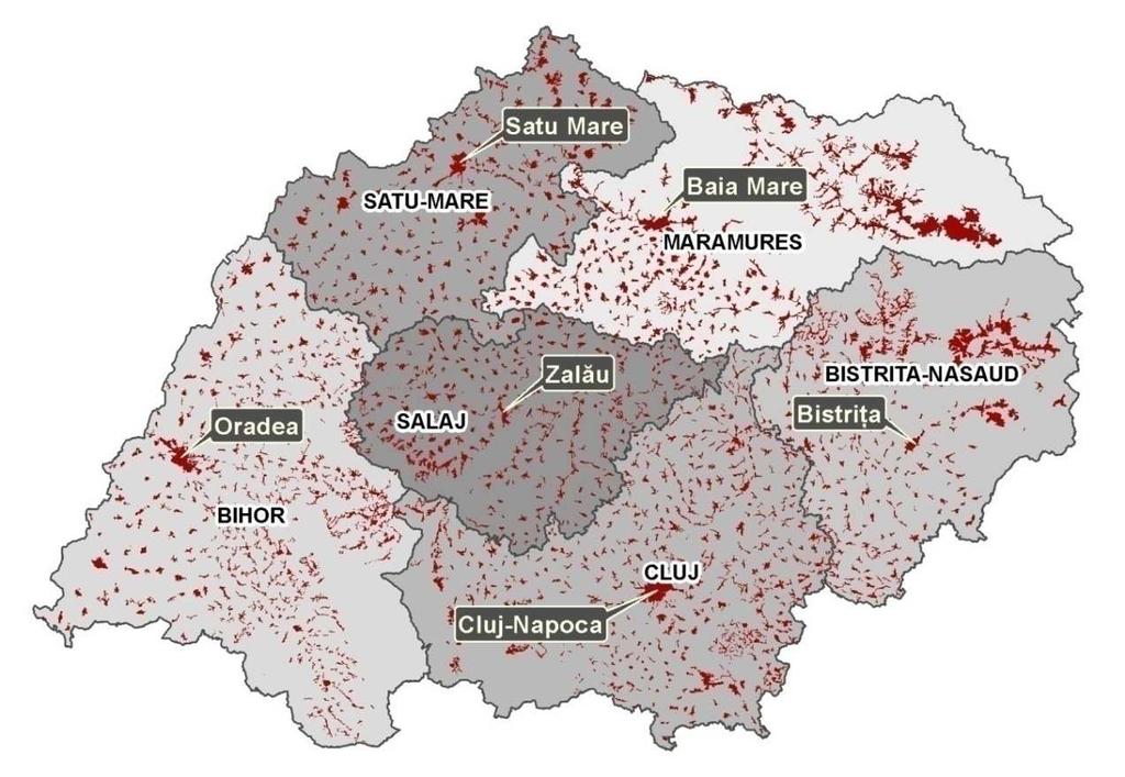 Judeţele Regiunii Nord-Vest, cu marcarea localităţilor şi a reşedinţelor de judeţ Sursa: ADR Nord-Vest, folosind date UBB Cluj-Napoca Dezvoltare urbană Populaţia urbană din regiune a urmat o tendinţă