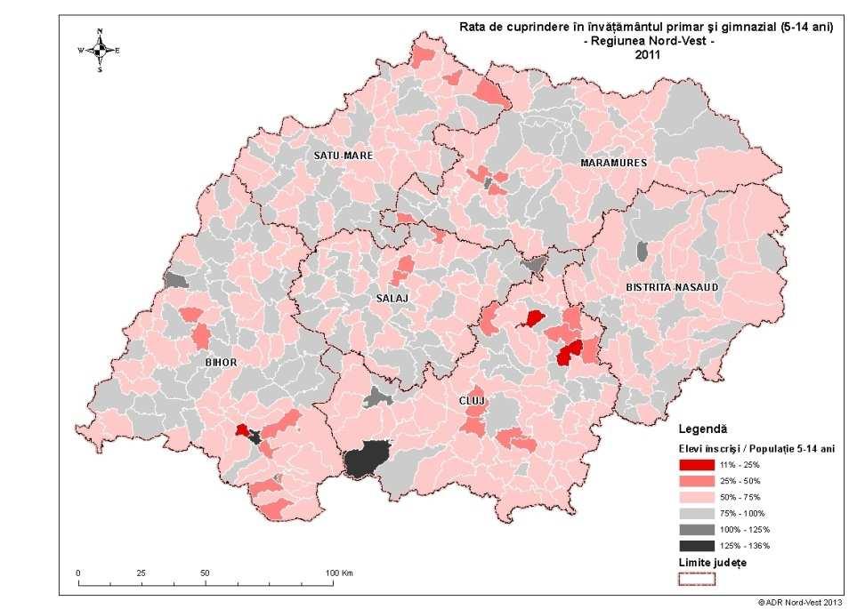 Rata de cuprindere în educaţie a populaţiei de 5-14 ani, anul 2011 Sursa: calcule proprii după date INS Tempo Online Raportul dintre numărul elevilor cuprinşi în ciclul primar şi gimnazial şi