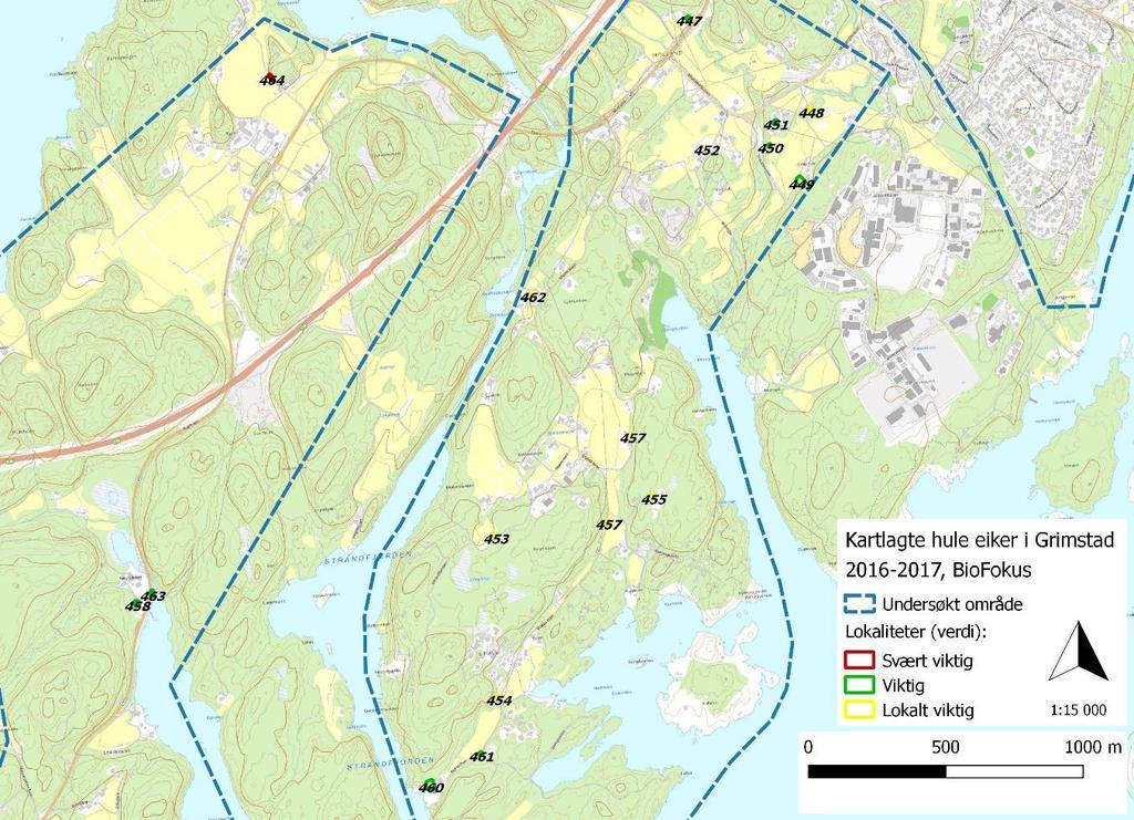 Figur 7: Oversikt over kartlagte lokaliteter med tilhørende verdi i området