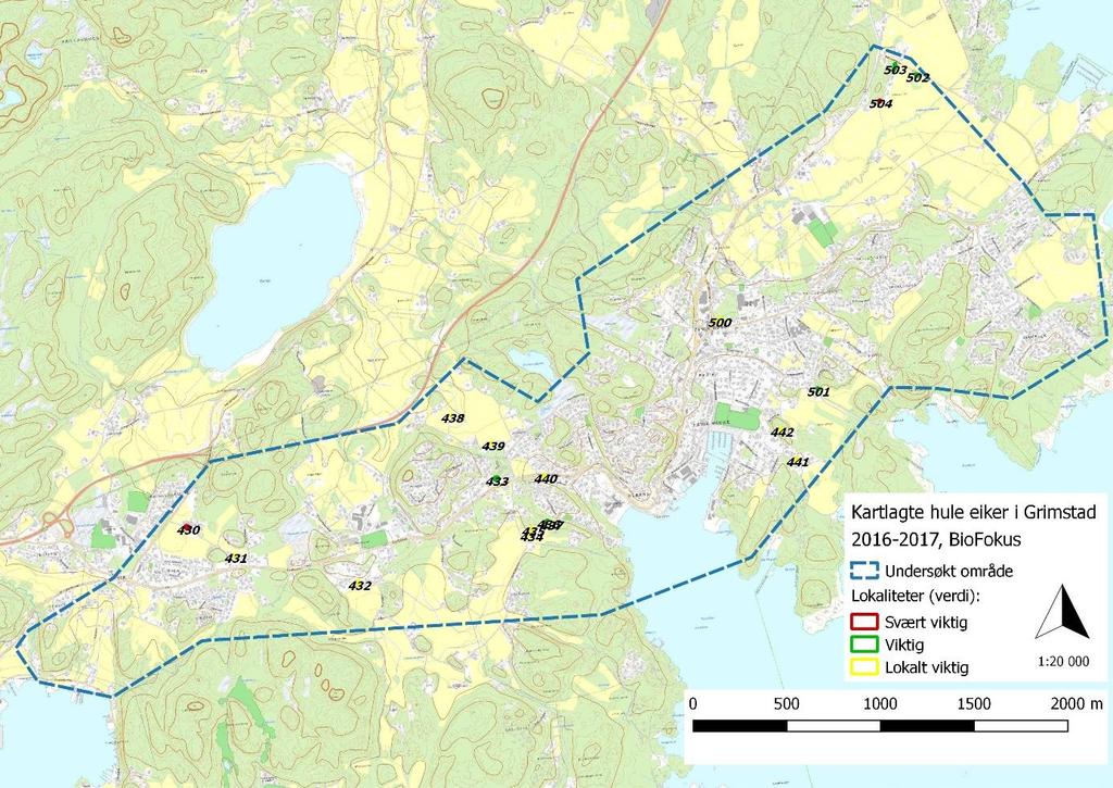 Figur 8: Oversikt over kartlagte lokaliteter med tilhørende verdi i området
