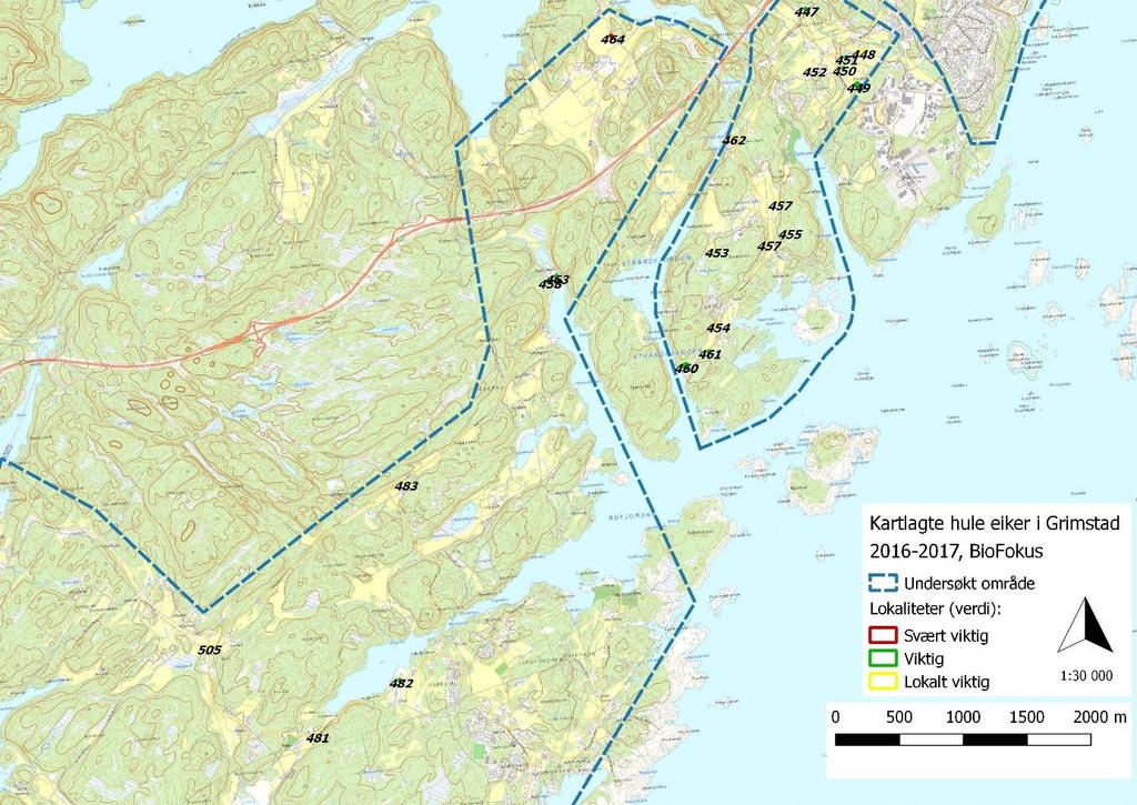 Figur 9: Oversikt over kartlagte lokaliteter med tilhørende verdi i området Tjore, Nørholmen, Homborsund/Eide (prioritet 3). Området ble ikke grundig undersøkt.