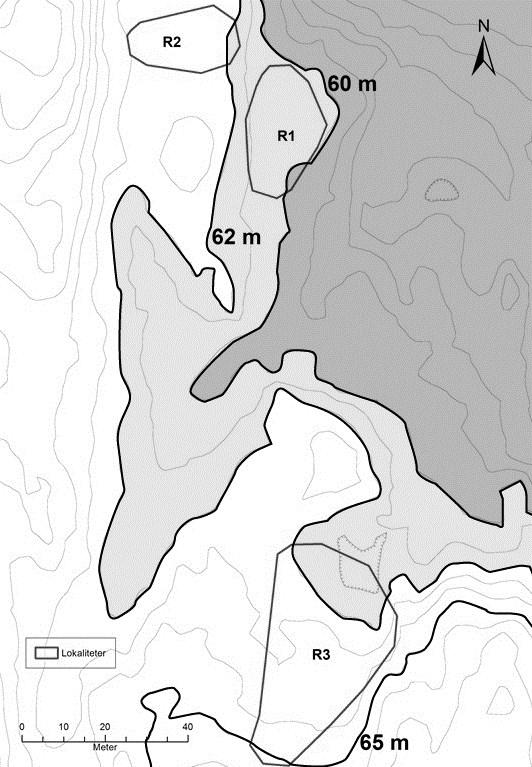 Lokalitet Askeladden id C- nr. M 2 Moh. R1 89537 58994 435 60 R2 89538 58995 325 62 R3 89539 58996 1220 62-65 Figur 4: Oversikt over nummereringen, areal og høyde over havet på de tre lokalitetene.