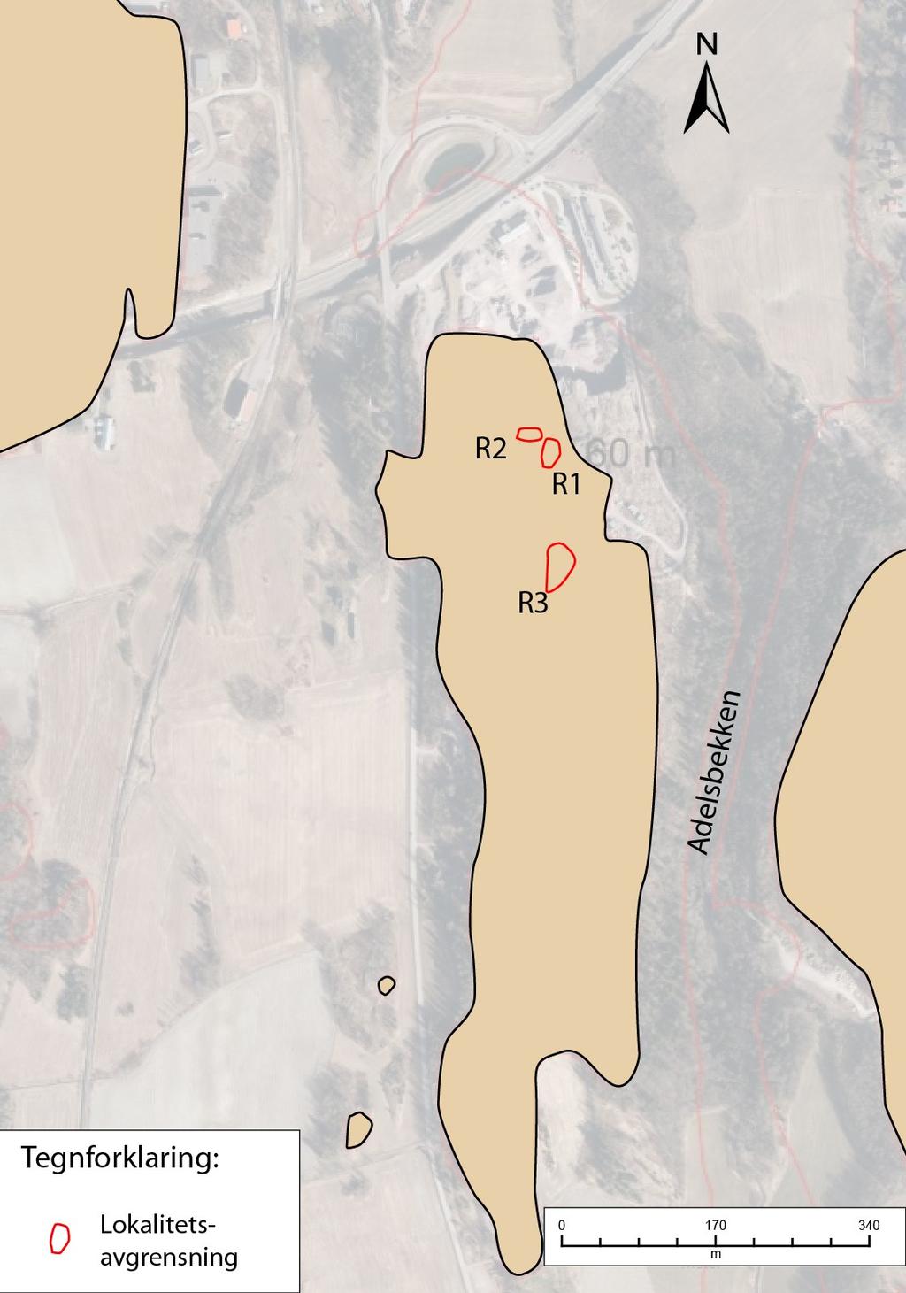 Figur 3: Kart som viser strandlinjen midt i mellommesolittisk tid (60 moh., dvs. 6800 f.kr.) Landskapet ved Pjonkerød er nå omformet pga.